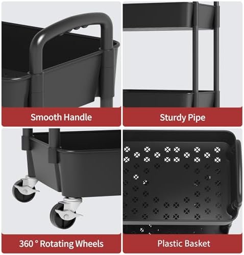 Sywhitta 4-Tier Plastic Rolling Utility Cart with Wheels for Storage, Black