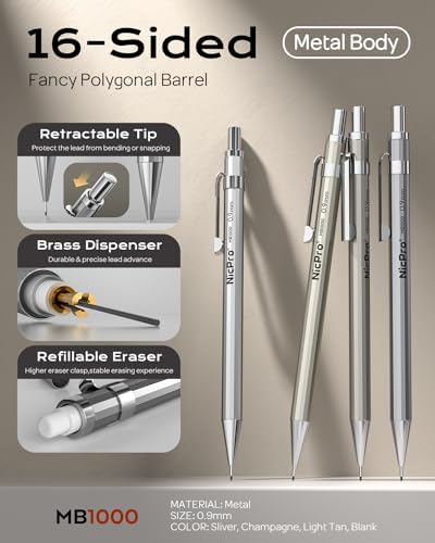 Nicpro 4 Pack Metal Mechanical Pencil Set 0.9mm, MB1000 Lead Drafting Pencil 0.9 mm with 6 Tube HB #2 Lead Refill, 3PCS 4B Eraser, 9 Cap Eraser for Artist Writing, Sketching, Drawing- Come with Case
