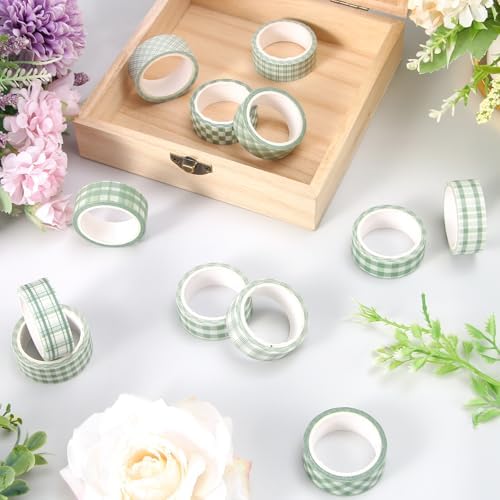 Whaline 12 Rolls Sage Green Plaid Washi Tape Masking Tape Set Pastel Green Gingham Decorative Wrapping Paper Tapes Boxed for Wedding Scrapbook Journal DIY Crafts