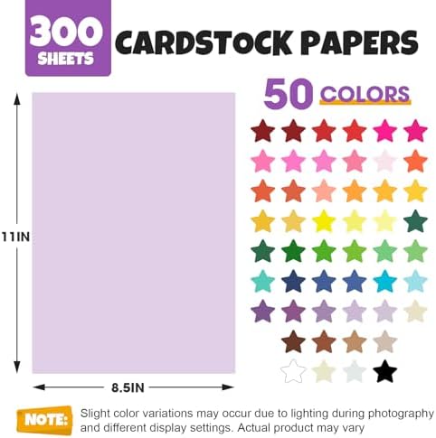 TUXIYA 300 Sheets 8.5" X 11" Colored Cardstock, 50 Colors Card Stock | 50 Assorted Colors Construction Paper Printer Paper for Printing, Card Making, DIY Crafts, School Supplies,Party 180GSM/65LB