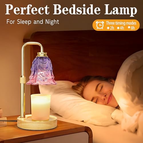 XJZJY Lavender Flower Candle Warmer Lamp with Timer, Elegant Home Decor | Dimmable wax melt warmer with 2 bulbs for jar candles, height adjustable, lavender tulip design, home decor gifts