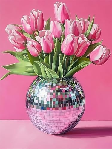 Pink Tulips Diamond Art Kits for Adults, Diamond Painting Kits for Adults for Beginners, DIY Pink Flowers Diamond Dots Art Kits, 5D Full Round Drill Gem Art Painting Kits for Home Decor, 12x16 inch