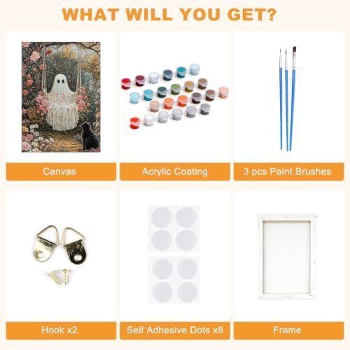 SENQAO Ghost Paint by Numbers Kit for Adults Beginner, Halloween Adult Paint by Number Kits on Canvas, DIY Acrylic Oil Easy Painting by Numbers for Home Wall Decor 8X12 inch (Cat Flower)