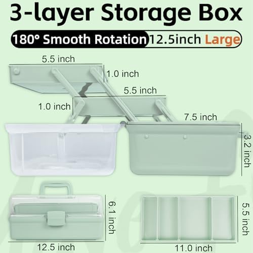 TERGOO 12.5in 3-Layer Multipurpose Craft Organizers and Storage with Adjustable Dividers, Portable Tackle Box, Folding Art & Craft Case for Medicine, Tool, Sewing Organizer (Haze Green)
