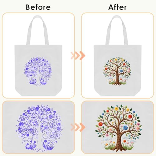 ERKOON Embroidery Canvas Tote Bag for Beginners, Needlepoint Arts Crafts Cross Stitch Kits for Adults Including Stamped Embroidery Bag with Hoops, Needle, Instruction and Color Threads (Tree)