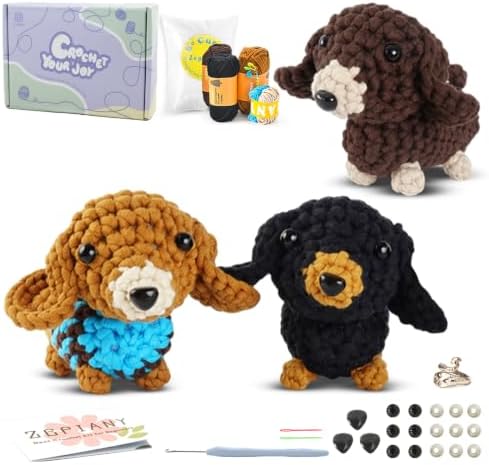 Zummipals Crochet Kit for Beginners, Easy Crochet Kit for Adults w Step-by-Step Vid Tutorials, Beginner Knitting Kit, Makes Crochet Animals Dachshund Crochet Kits, Ideal Crochet Gifts (30% EX Yarn)