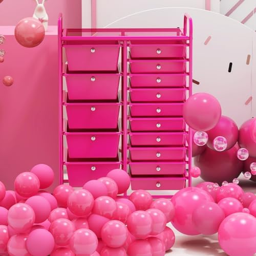 GOFLAME 15-Drawer Rolling Storage Cart, Craft Storage Cart with Removable Drawers & Lockable Wheels, Art Cart Supply Storage Organizer for Home Office Classroom, Hot Pink