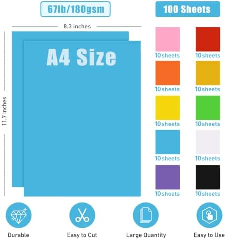 100 Sheets Colored Cardstock Paper A4 Size, 67lb/180 gsm Curated 10-Color Essential & Trending Card Stock for Printing, DIY Crafts, Card Making, Scrapbooking, Party Decorations, School Supplies