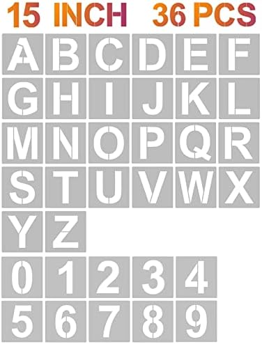 YEAJON 15 Inch Letter Stencils and Numbers, 36 Pcs Alphabet Art Craft Stencils, Reusable Plastic Templates for Wood, Wall, Fabric, Rock, Signage (15 Inch)