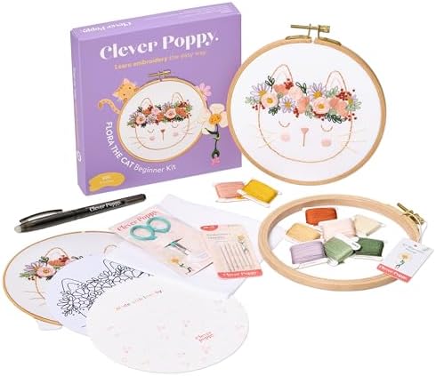 Clever Poppy Flora the Cat Beginner Embroidery Kit – Easy Embroidery Kit for Beginners with Hoop, Thread & Patterns – Hand Embroidery Kit for Adults and Teens – Complete Embroidery Starter Kit