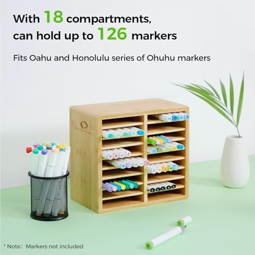 Ohuhu Bamboo Marker Organizer, Wooden Desktop Storage Holds 126 Markers