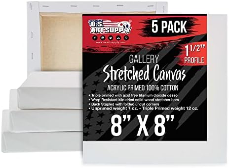 U.S. Art Supply 8"x8" Stretched Canvas for Painting, Gallery Depth 5-Pack | Square, 1-1/2" Thick - 12oz Acrylic Gesso Triple Primed, Professional Artist Quality, 100% Cotton - Oil, Pouring Paint