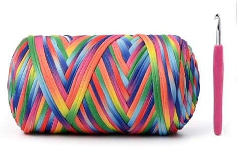 Soft Tshirt Crochet Yarn, 400g/114yds High Elastic Hand Knitting Yarns, Thick T Shirt Yarn for Crocheting Bags, Baskets, Cushions, DIY Crafts（Rainbow）