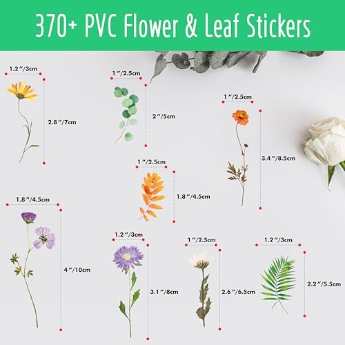 370+ PCS PVC Flower Stickers, Self-Adhesive PVC Greenery Stickers Nature Plant Decals for Scrapbook, Laptop, Journal, DIY Project, Spring Themed Party Decors