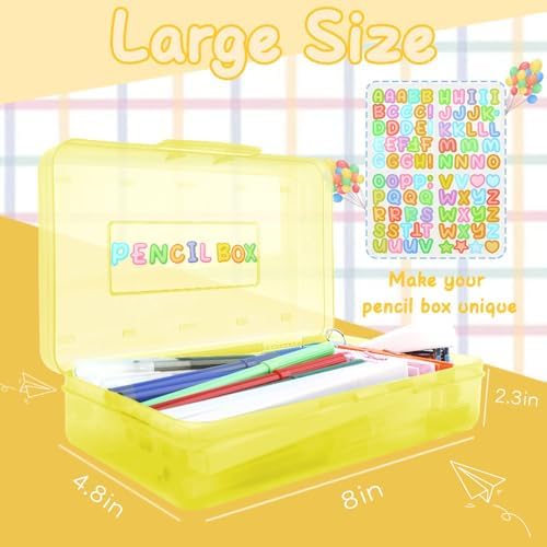 Yellow Pencil Case Box Plastic Aesthetic Hard Pencil Case with Stickers Stackable Storage Box for Girls Boys Big Capacity 1 Pack for Pens School Stylish Office Supplies Storage Organizer Boxs Medium