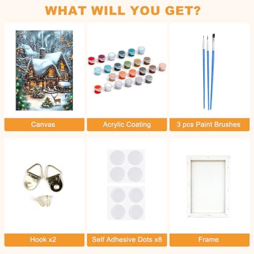 SENQAO Christmas Paint by Numbers for Adults Framed, Christmas House Adults' Paint-by-Number Kits, Adult Paint by Number Kits on Canvas, Acrylic Number Painting for Home Decor, 8x12in
