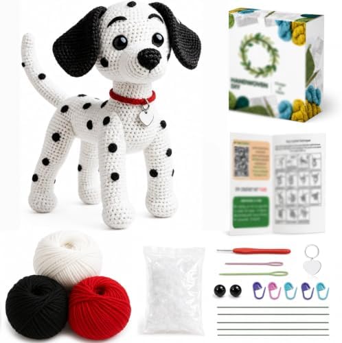 DIY Crochet Dalmatian Dog Kit for Beginners – Amigurumi Spotted Dog Stuffed Animal Knitting Kit with Yarn, Safety Eyes, Heart Tag & Instructions – Easy Beginner Crochet Craft Gift for Adults