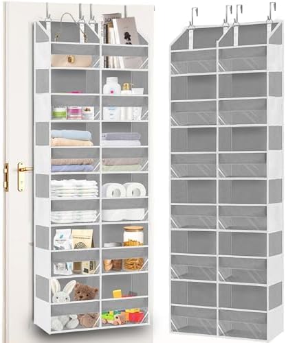 Over The Door Organizer 6 Tiers, Extra Large Behind Door Storage of 12 Compartments, 80 lbs Weight Capacity Hanging Storage Organizer with Clear Window Kids Toys,Shoes,Diapers,Room Storage,Light Grey