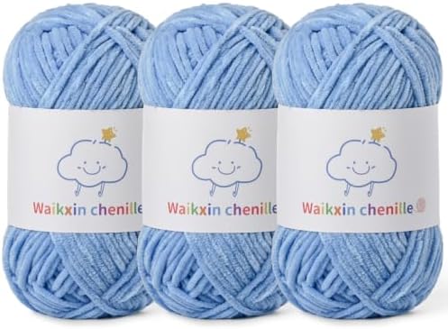 Skinny Chenille Yarn for Crocheting, 3 Pack of 1.75 oz/109 yds Amigurumi Yarn&Baby Yarn for Crocheting Soft, Fluffy Fingering Weight Velvet Yarn for DIY Crafts&Baby Blankets.(3 Azure)