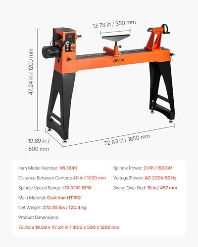 VEVOR 2 HP Wood Lathe, 18 x 40 Inches, 150–3200 RPM Variable Speed, Brushless DC Motor, Cast Iron Body, Tool Rest