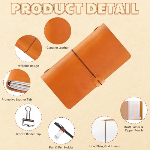 Thenshop Leather Travel Notebook 3 Inserts,Orange,Stand Size