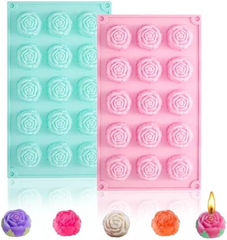 2 Pack Silicone Soap Molds,15-Cavities Small Rose Flower Silicone Molds for Soap Making,Great for Handmade Lotion Bars,Biscuit,Chocolate,Moon Cake