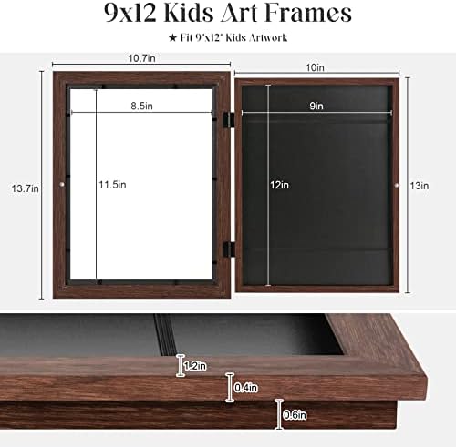 [2Pack] Kids Art Frames, 9x12 Front Opening Kids Artwork Frames Changeable, Brown Artwork Display Storage Frame for Wall, Holds 50 Pcs, for 3D Picture, Crafts, Children Drawing, Hanging Art, Portfolio