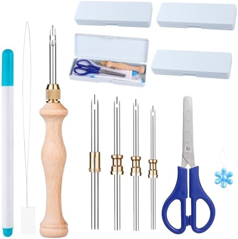 4 Sets of Punch Needle Kit with Storage Box,Adjustable Punch Needle Tool with1.6mm/2mm/2.5mm/3.5mm/5mm Metal Needles,Punch Needle Adults Beginner for DIY Craft,Perfect for Decoration and Gifts(Blue)