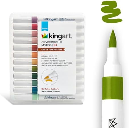 KINGART 24-Piece Earth Tone Acrylic Paint Brush Tip Marker Set – Flexible Fiber Brush Tips – Smooth Opaque Water-Based Ink for Nature Illustration and DIY Crafts – 24 Unique Earth Tone Colors