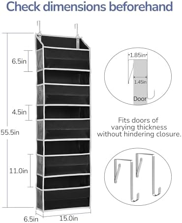 ULG 1 Pack Over The Door Organizer – 5 Shelf Door Organizer Hanging & 10 Side Pockets, Reinforced 44LB Capacity Hanging Organizer, Behind The Door Storage for Bedroom, Nursery, Pantry (Black)