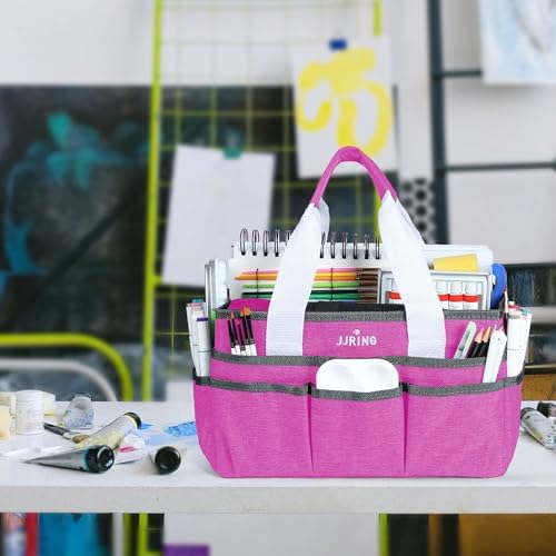 JJRING Craft Organizer Tote Bag Art Storage Caddy Deep Red | With Multiple Pockets For Sewing, Scrapbooking, School, Medical, And Office Supplies