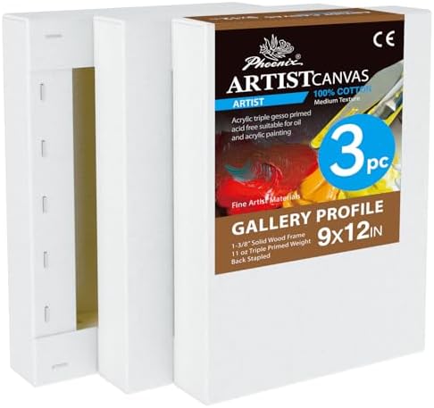 PHOENIX 9x12 Inch 3 Pack Gallery Canvas - 1.5 in Thick Canvases for Painting - Deep Edge 100% Cotton 11 Oz. Gesso Primed White Blank Professional Canvas Oil & Acrylic Paints