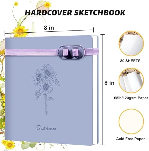 Hardcover Sketchbook for Drawing with 2 Pencil,160 Page Sketch Book,Purple | Acid Free 150GSM Thick Paper,Gift Boxed,Square Leather Art Sketch Pad Drawing Paper Book Artist's Journal for Women Adults