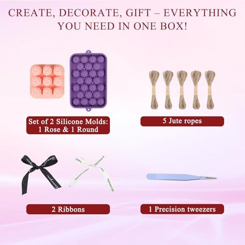 DIY Soap Making Kit, Soap Molds 2 Pack - Purple Circle & Rose Shapes with Hemp Rope, Black & White Ribbon for Handmade Soap (Soap Base Not Included), Teacher Appreciation, Back to School, Wedding Gift