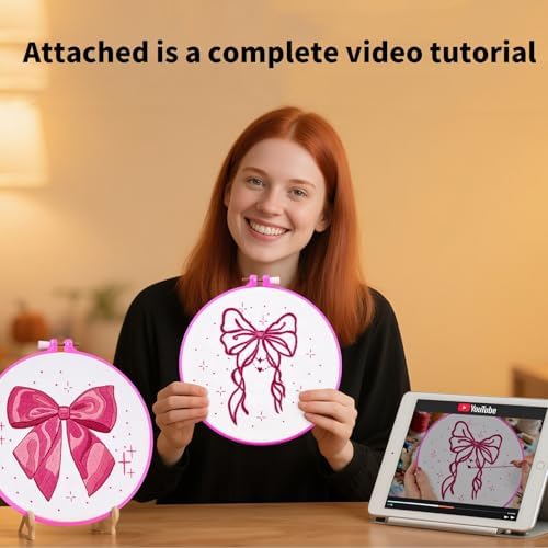 2 Sets Pink Hand Embroidery Kits for Beginners Adults, Cute Bow Embroidery Starter Kits, Cross Stitch Kits for Beginner Needlepoint DIY Kits for Adult, 2 Set Embroidery Hoops, Thread & Video Tutorial