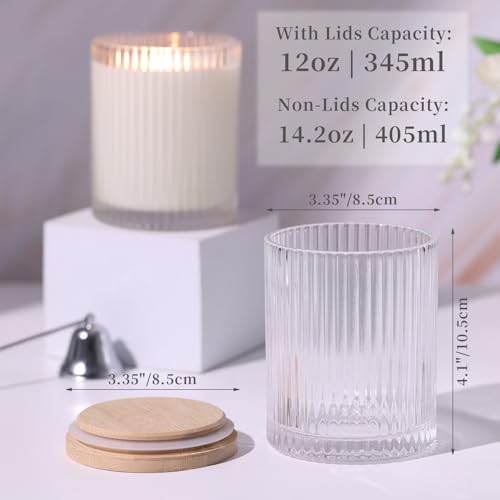 14OZ Clear Glass Candle Jars for Making Candles, 6 Pack - Empty Candle Jars Bulk with Bamboo Lids and Accessories, Ribbed Candle Vessels Containers for Candle Making
