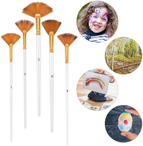 5 Pcs Fan Paint Brushes Set Acrylic Paint Brushes Set Professional Soft Anti-Shedding Nylon Hair Fan Paint Brush with Long Wood Handles for Acrylic Painting, Oil Watercolor Painting