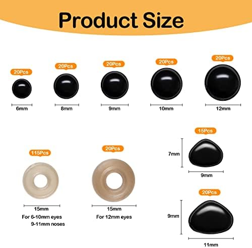 270PCS Safety Eyes and Noses, Black Plastic Eyes and Teddy Bear Nose with Washers for Doll Making for Crafts
