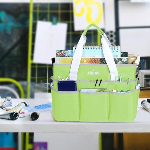 JJRING Craft Organizer Tote Bag Large Art Storage Caddy Cyan | With Multiple Pockets For Sewing, Scrapbooking, School, Medical, And Office Supplies