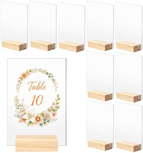 Bercoor 10 Pack 4x6 Inch Blank Clear Acrylic Sign with Wooden Stands, Rectangle Top Acrylic Sheet, DIY Acrylic Rectangle Table Numbers for DIY Name Card Gifts Event Party Sign Decoration