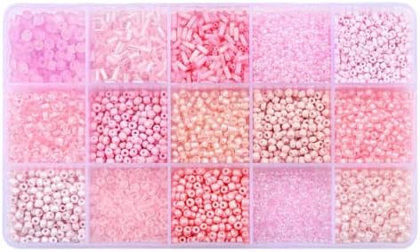 15 Grid Pink Glass Seed Bugle Tube Beads Kit for Jewelry Making DIY Craft