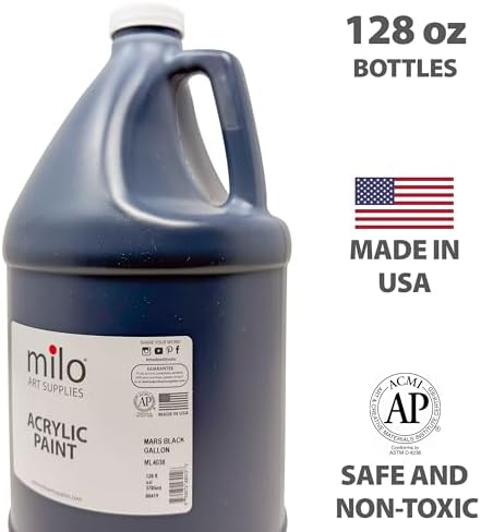 milo Mars Black Acrylic Paint, 128 oz Gallon Bottle, Semi-Gloss | AP Certified Non-Toxic, Made in USA, Essential Bulk Supply, Art Paint for Classroom, Studio, All Artists, Canvas, Wood, Paper