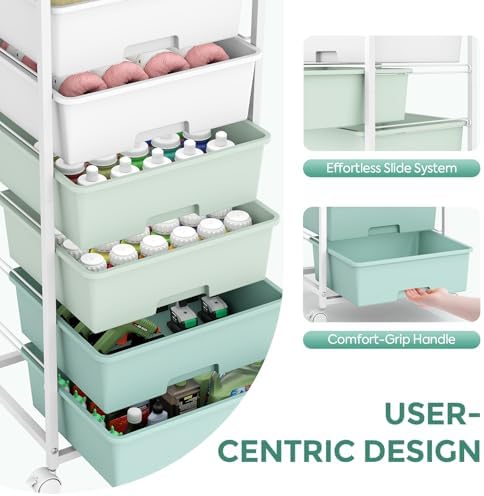 6 Drawer Rolling Storage Cart with Wooden Top and Wheels for Crafts,Green