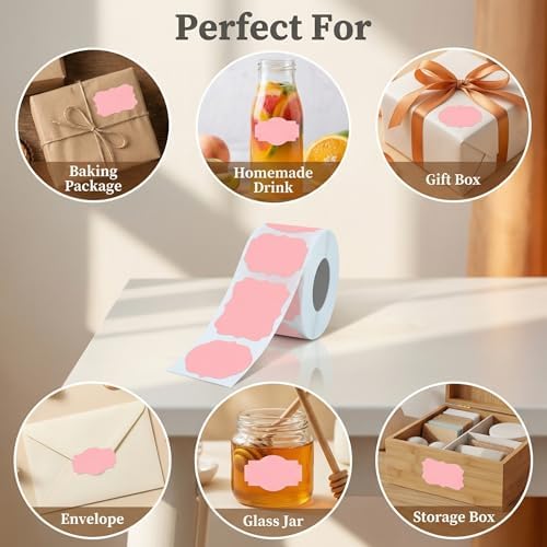 300 Pcs Pink Labels Stickers, 1.2x2 Inch, 3 Decorative Designs, Writable for Gift Wrapping, Pantry Storage, Jars & Wedding Decor