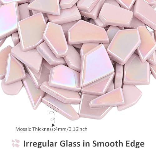 Youway Style Iridescent Glass Mosaic Tiles for Crafts Bulk,200g Pink Broken Mosaic Glass Pieces for Garden Crafts Kits,DIY Mosaic Art Decor (Pack of 4)