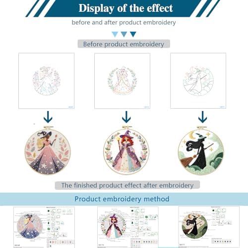 Zhenqing 3-Pack Witch Embroidery Kit for Beginners, Fantasy Magical Needlework Set with Pre-Printed Fabric, Hoop, Threads & Tools, Halloween Decor (C0181)