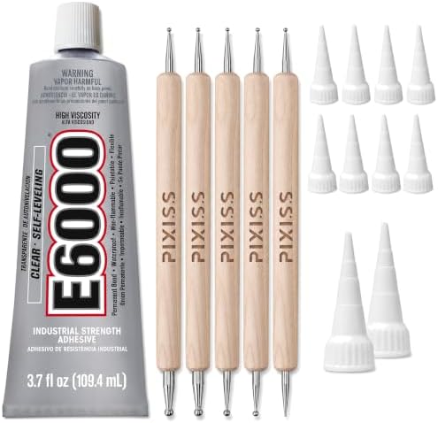 E6000 3.7 Ounce (109.4mL) Tube Industrial Strength Adhesive for Crafting, 10 Snip Tip Applicator Tips and Pixiss Art Dotting Stylus Pens 5 pcs Set