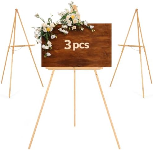 VISWIN 3Pcs 63" Easel Stand for Wedding Signs, Adjustable Wooden Display Easel with Holder, Tripod Floor Easel for Welcome Board, Poster, Picture, Photos, Paintings - Natural