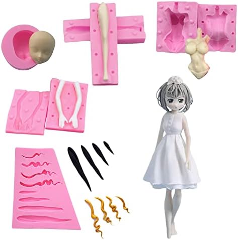 3D Doll Body Leg Arm Face Head Silicone Mold Q Version Dolls Model Fondant Craft Clay Resin Mould DIY Cake Decorating Supplies Baking Tool (5PCS)