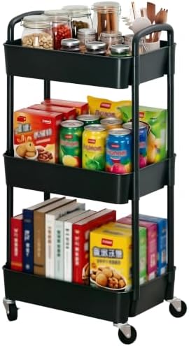 Sywhitta 3-Tier Plastic Rolling Utility Cart with Wheels for Storage,Black
